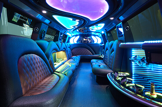 limo with wet bars and colorful lights